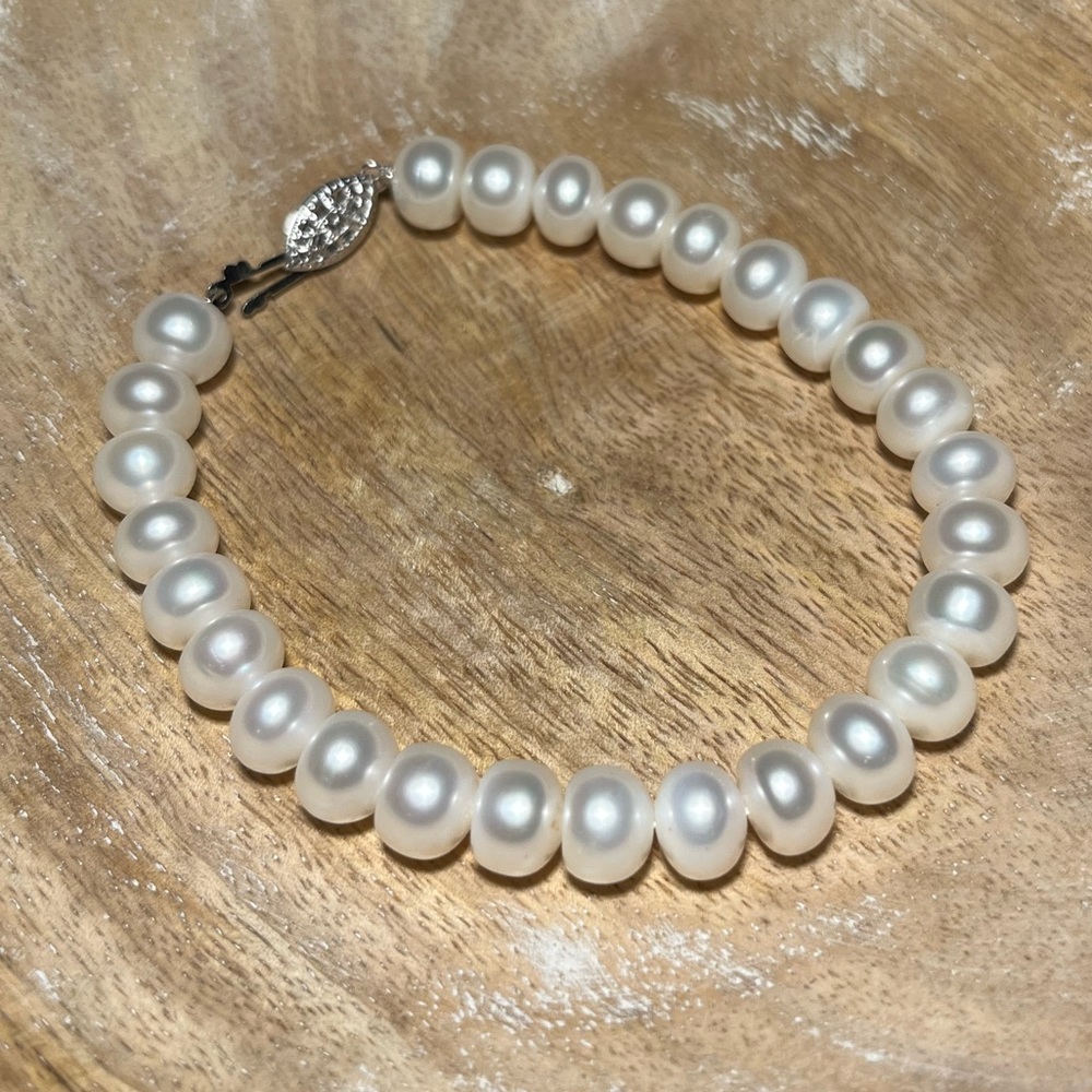 Genuine Freshwater White Pearl 925 Sterling Silver Bracelet